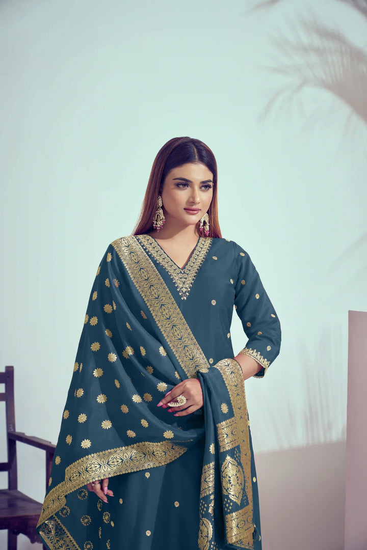 Elegant Bright Pink Suit | Roman Silk top bottom with Viscose Banarasi dupatta