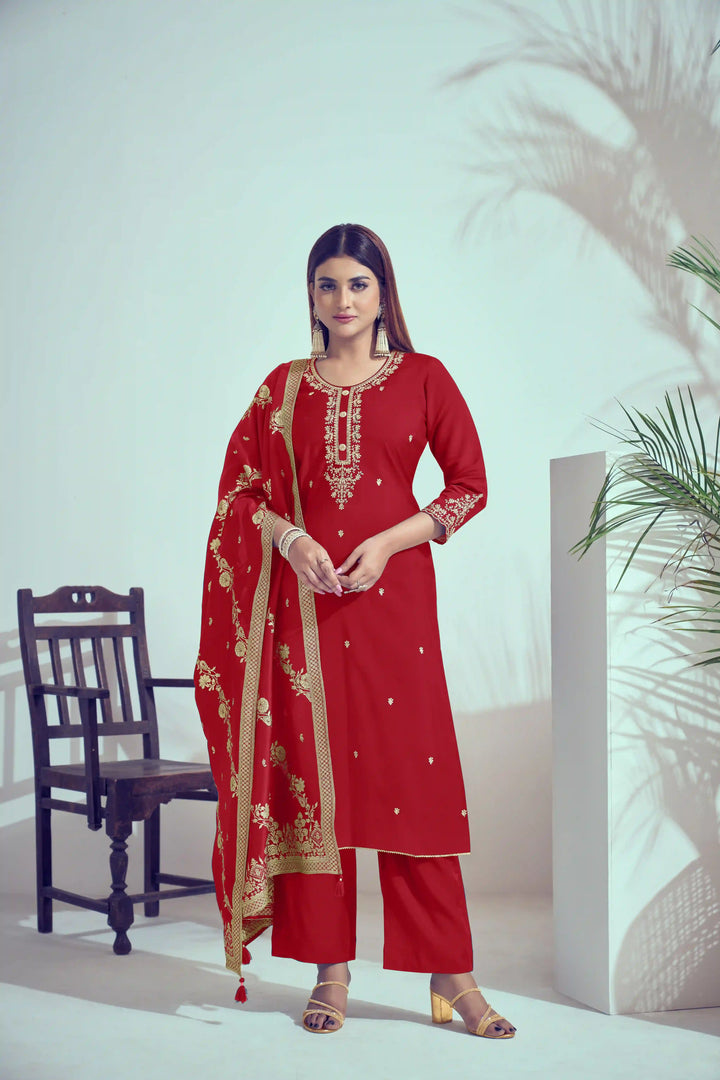 Gorgeous Red Suit | Roman Silk top bottom with Viscose Banarasi dupatta