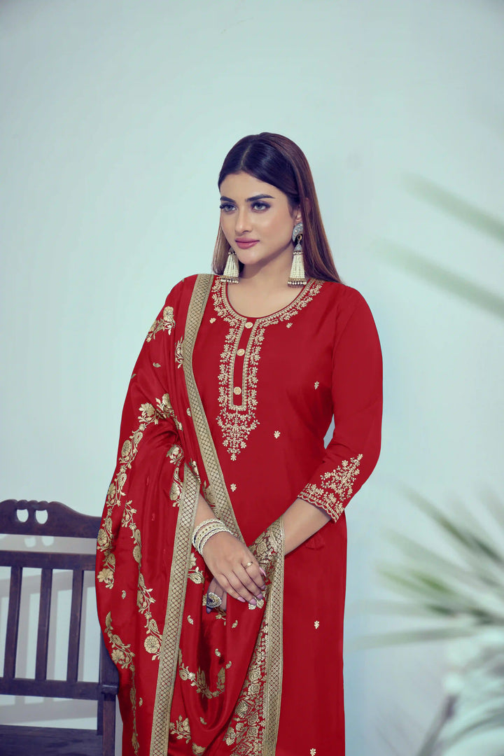 Gorgeous Red Suit | Roman Silk top bottom with Viscose Banarasi dupatta