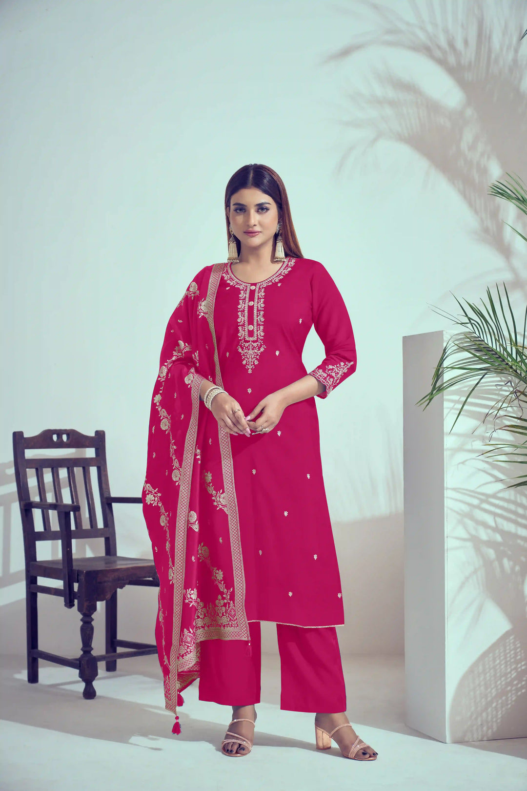 Gorgeous Red Suit | Roman Silk top bottom with Viscose Banarasi dupatta