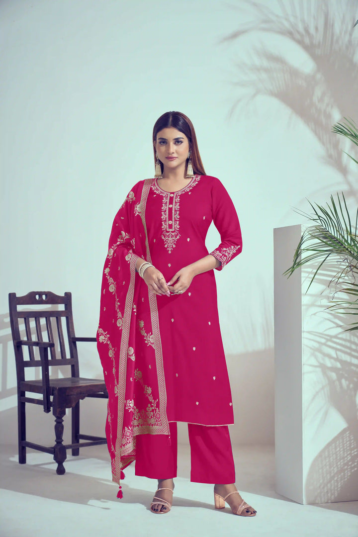 Gorgeous Red Suit | Roman Silk top bottom with Viscose Banarasi dupatta