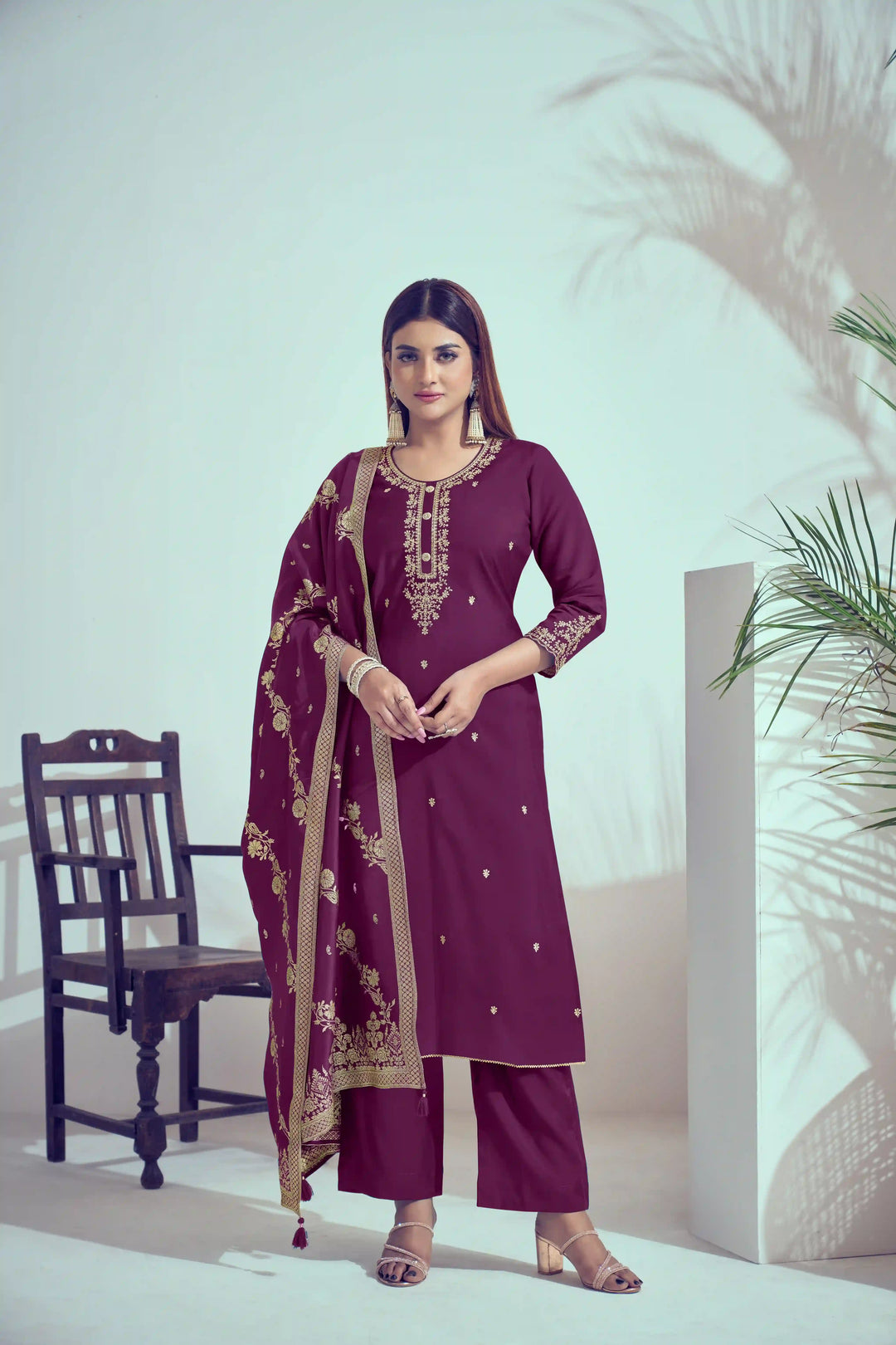 Gorgeous Red Suit | Roman Silk top bottom with Viscose Banarasi dupatta