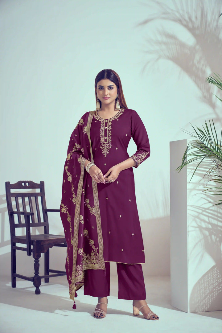 Gorgeous Red Suit | Roman Silk top bottom with Viscose Banarasi dupatta