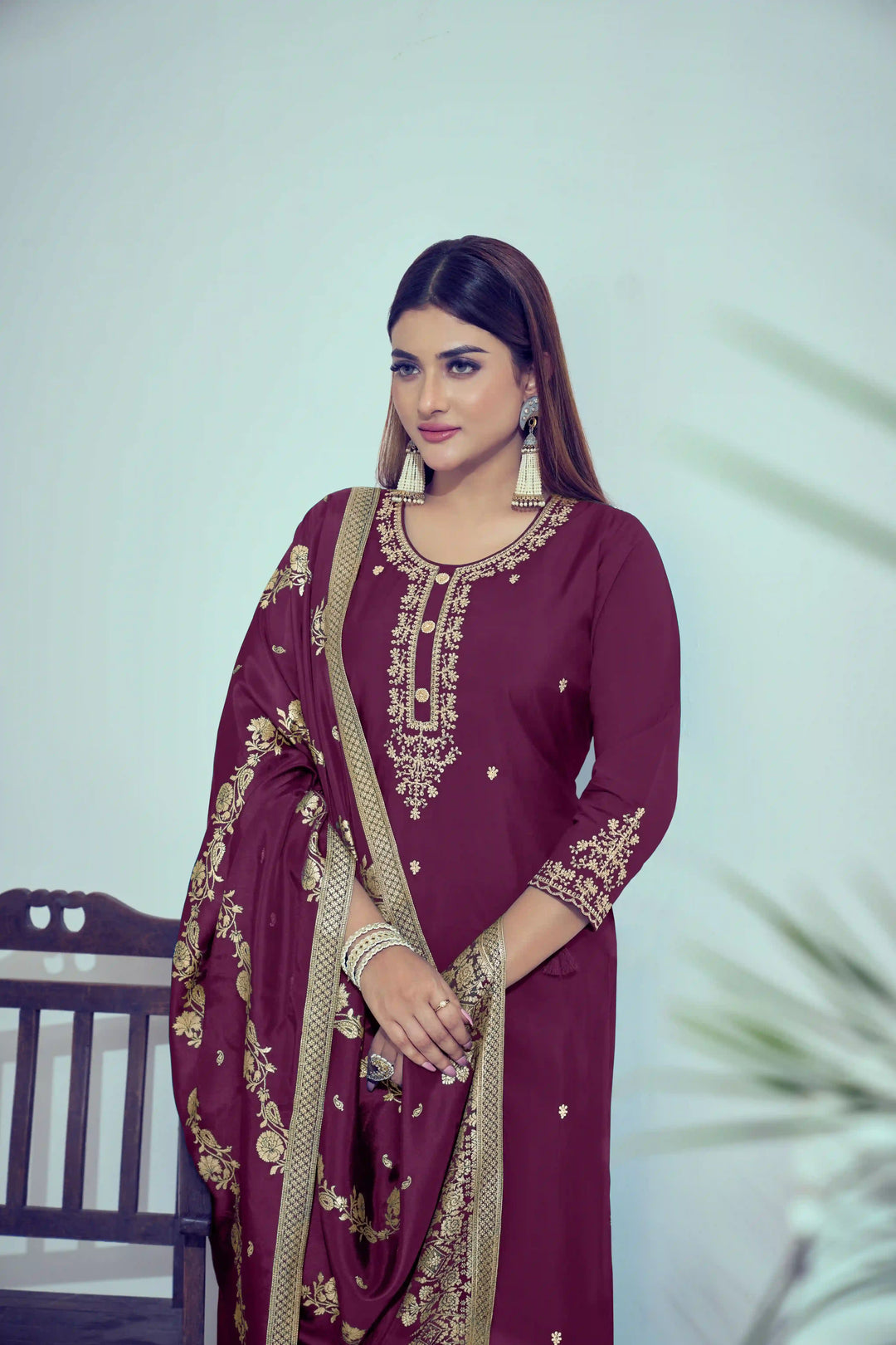 Gorgeous Red Suit | Roman Silk top bottom with Viscose Banarasi dupatta