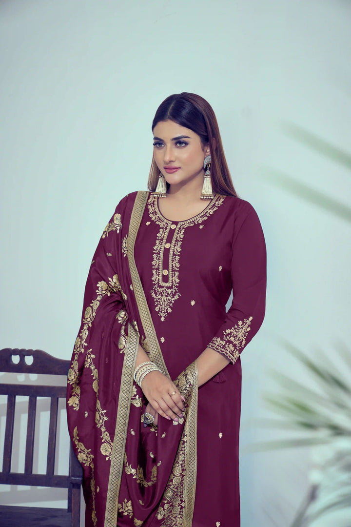 Gorgeous Red Suit | Roman Silk top bottom with Viscose Banarasi dupatta