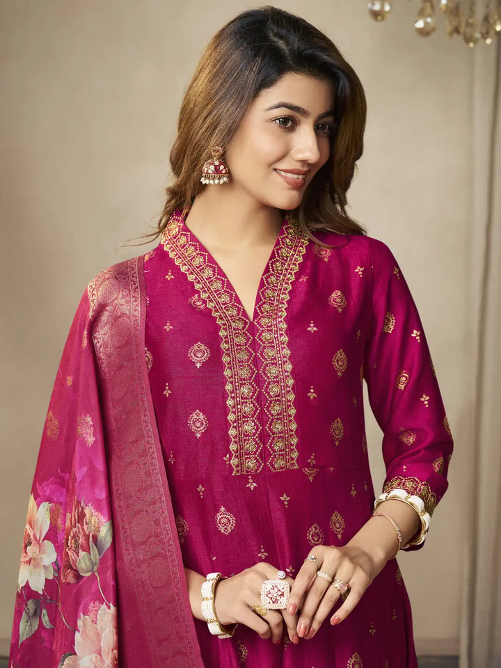 Detail view pink embroidered kurti suit with.
