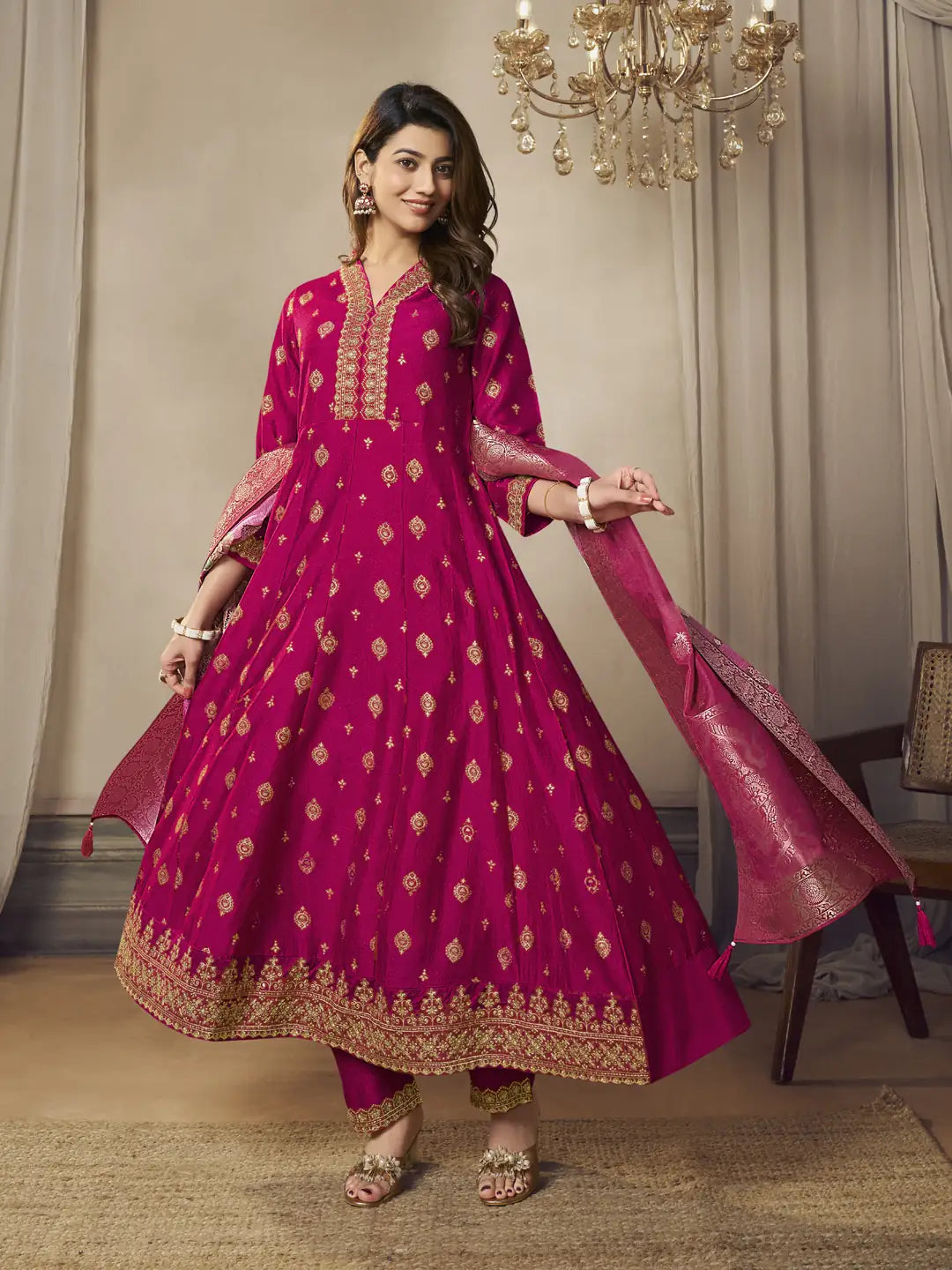 Back view silk material Anarkalili pink embroidered Anarkalili suit.