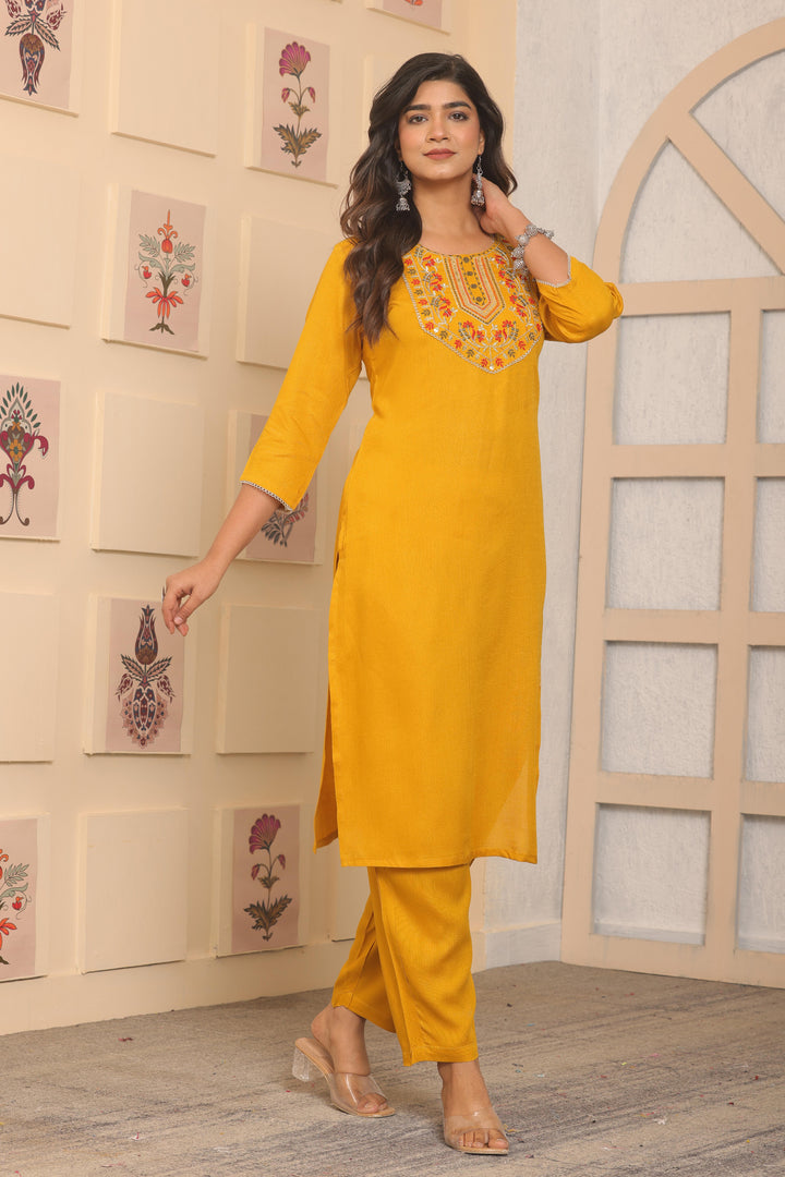 Mustard Yellow Rayon Kurti Set | Designer Embroidery Work Festive Look
