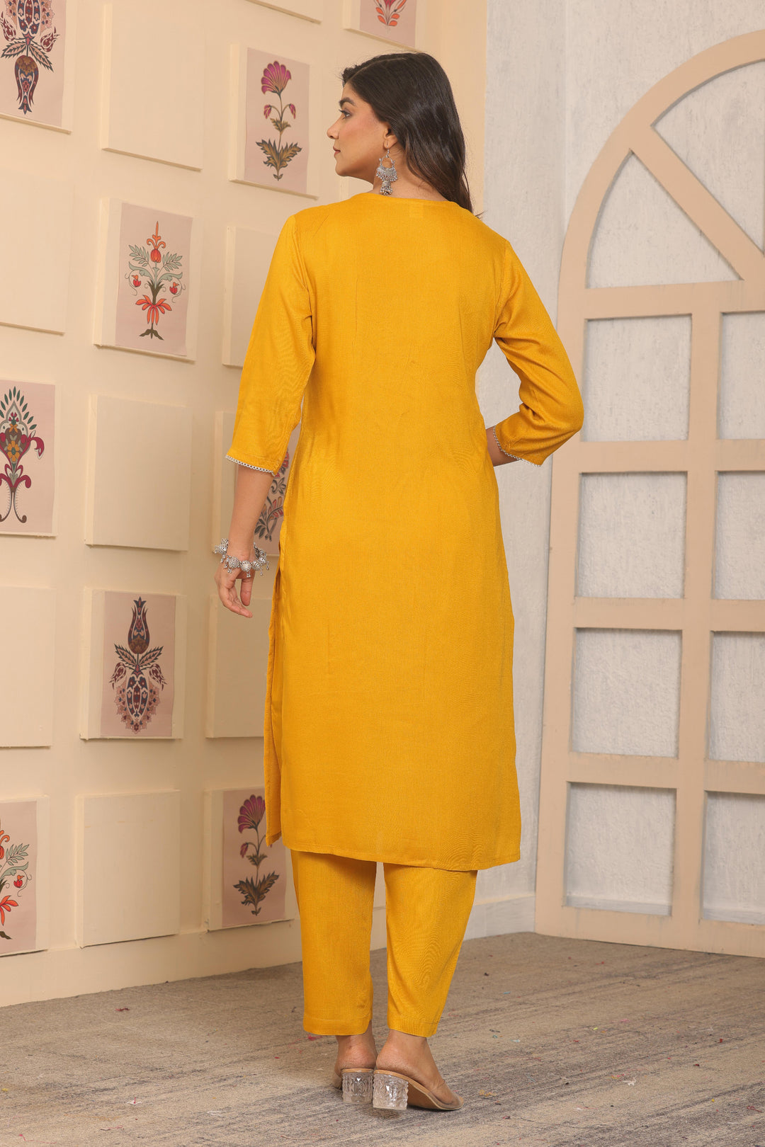 Mustard Yellow Rayon Kurti Set | Designer Embroidery Work Festive Look