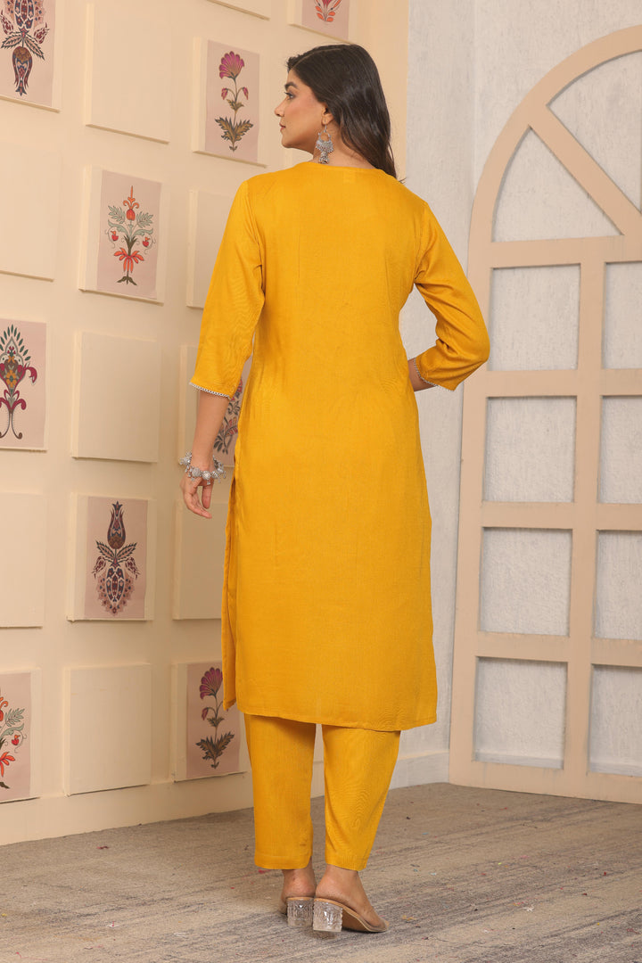 Mustard Yellow Rayon Kurti Set | Designer Embroidery Work Festive Look