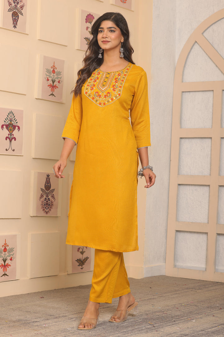 Mustard Yellow Rayon Kurti Set | Designer Embroidery Work Festive Look