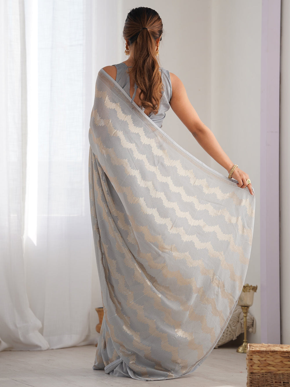 Gorgeous Grey Sequins Georgette Party Wear Saree With Blouse