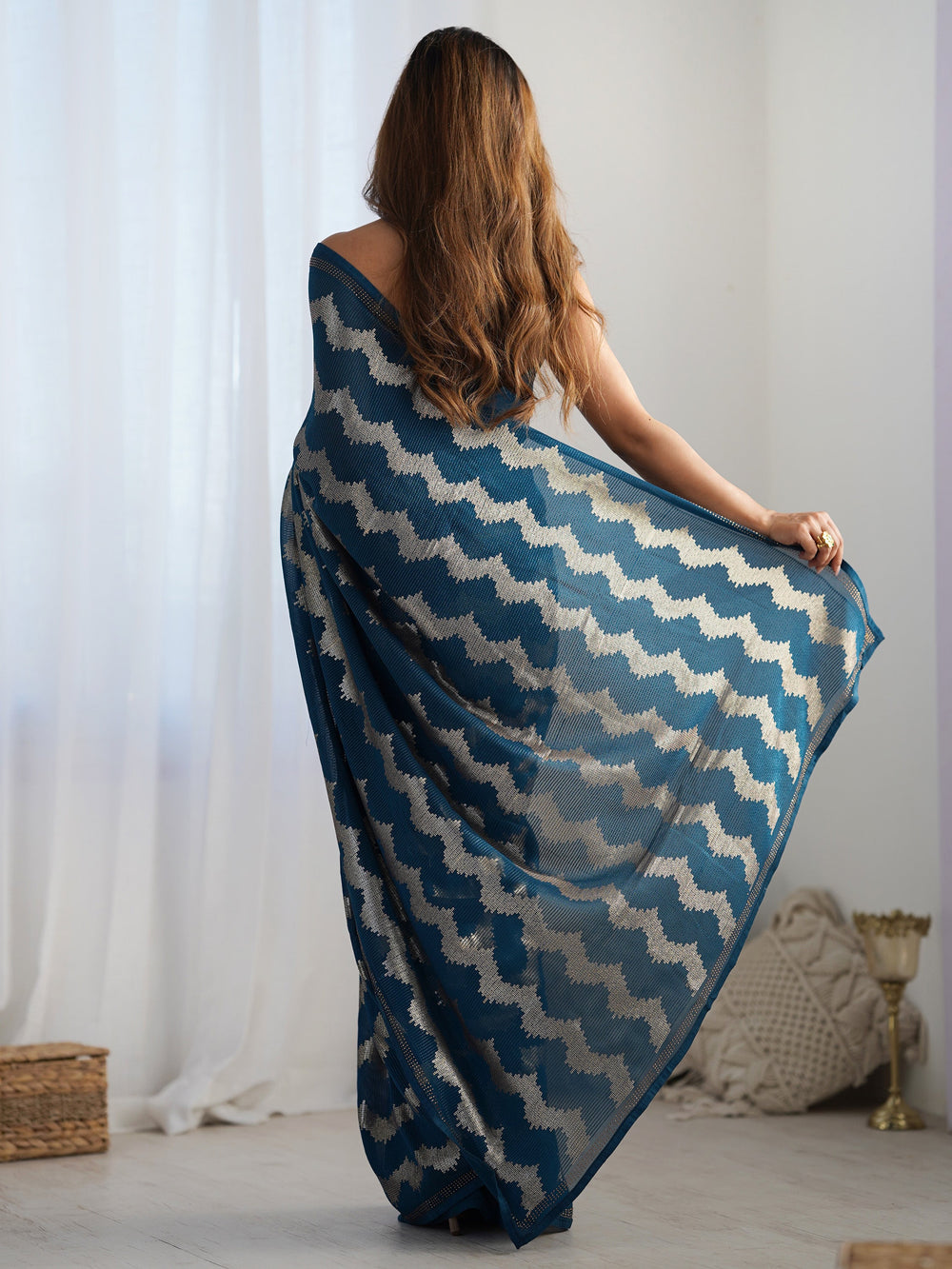 Stunning Teal Blue Sequins Georgette Reception Wear Saree With Blouse