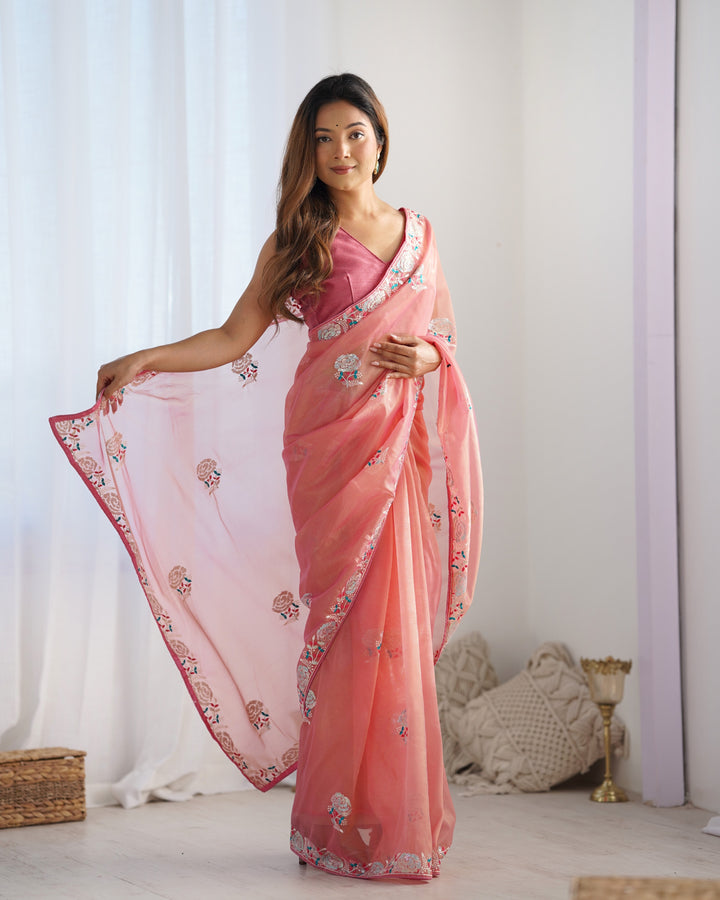 Designer Gold Twill Net Saree | Multi-Thread & Sequin Work Party Wear Look