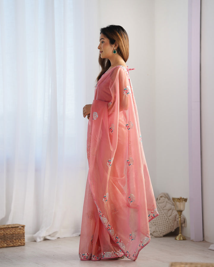 Designer Gold Twill Net Saree | Multi-Thread & Sequin Work Party Wear Look