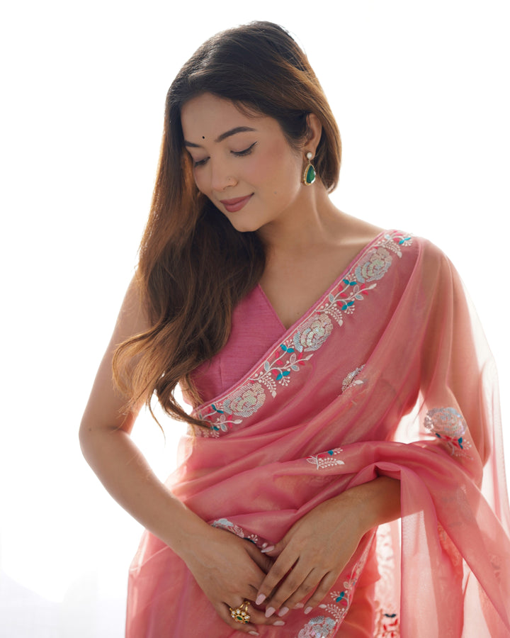 Designer Gold Twill Net Saree | Multi-Thread & Sequin Work Party Wear Look