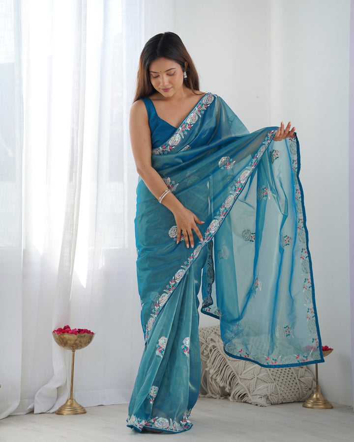 Designer Gold Twill Net Saree | Multi-Thread & Sequin Work Party Wear Look
