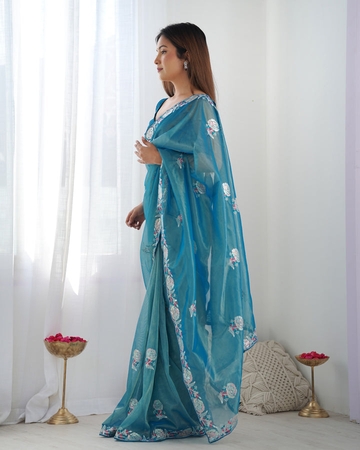 Designer Gold Twill Net Saree | Multi-Thread & Sequin Work Party Wear Look