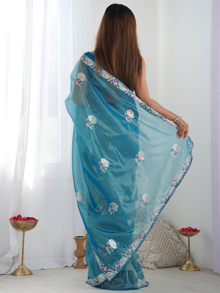 Captivating Teal Blue Thread Work Sequins Net Saree With Blouse