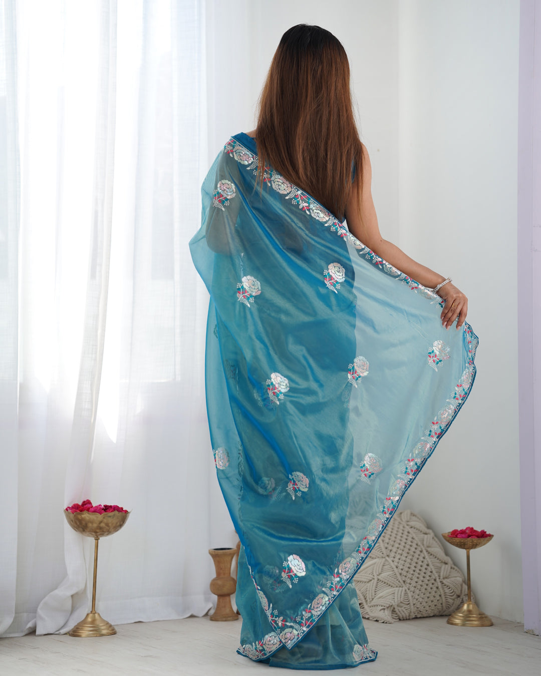 Designer Gold Twill Net Saree | Multi-Thread & Sequin Work Party Wear Look