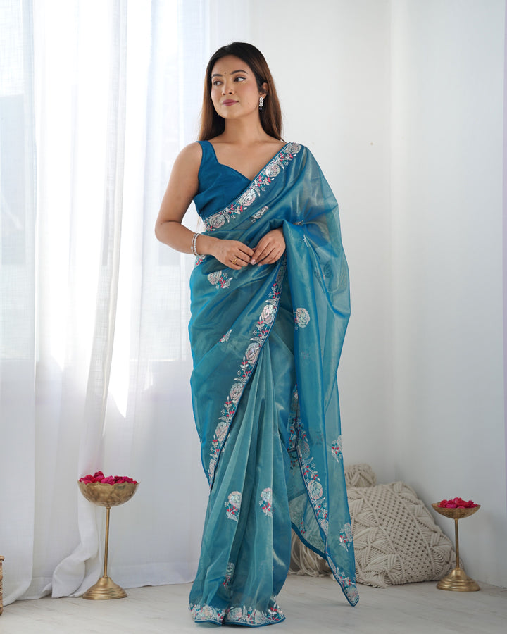 Designer Gold Twill Net Saree | Multi-Thread & Sequin Work Party Wear Look