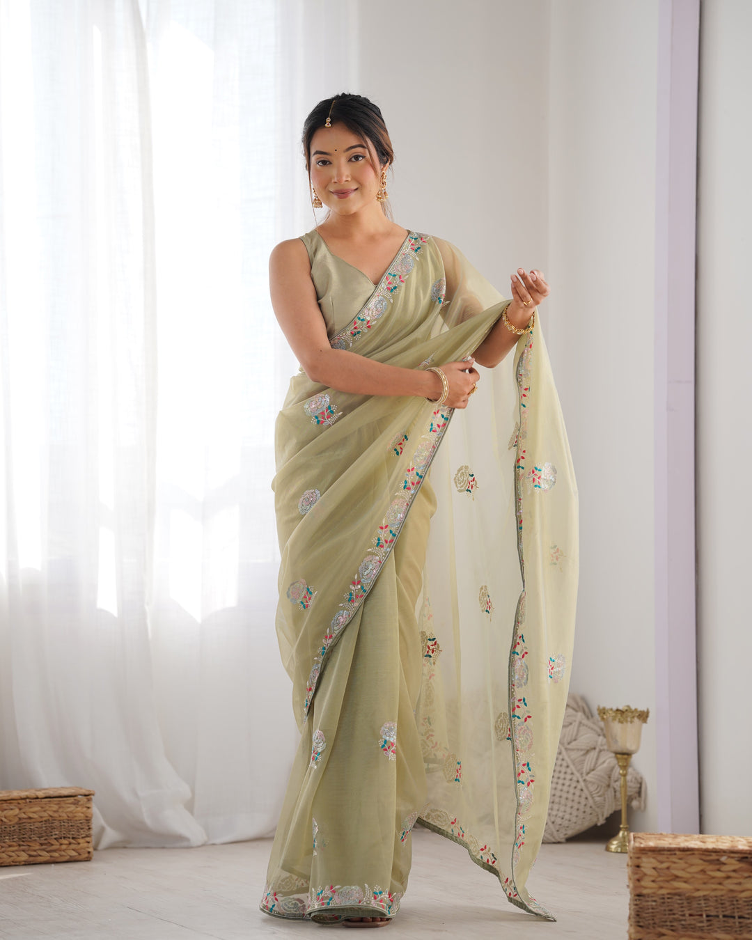 Designer Gold Twill Net Saree | Multi-Thread & Sequin Work Party Wear Look
