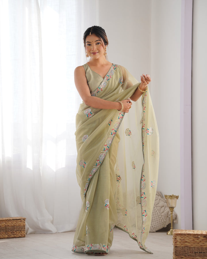 Designer Gold Twill Net Saree | Multi-Thread & Sequin Work Party Wear Look