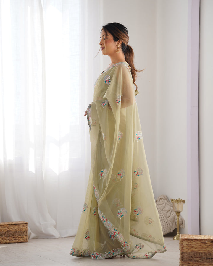 Designer Gold Twill Net Saree | Multi-Thread & Sequin Work Party Wear Look