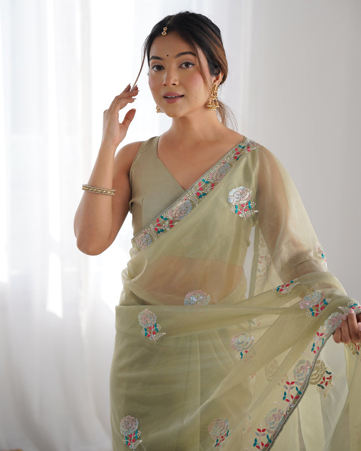 Designer Gold Twill Net Saree | Multi-Thread & Sequin Work Party Wear Look