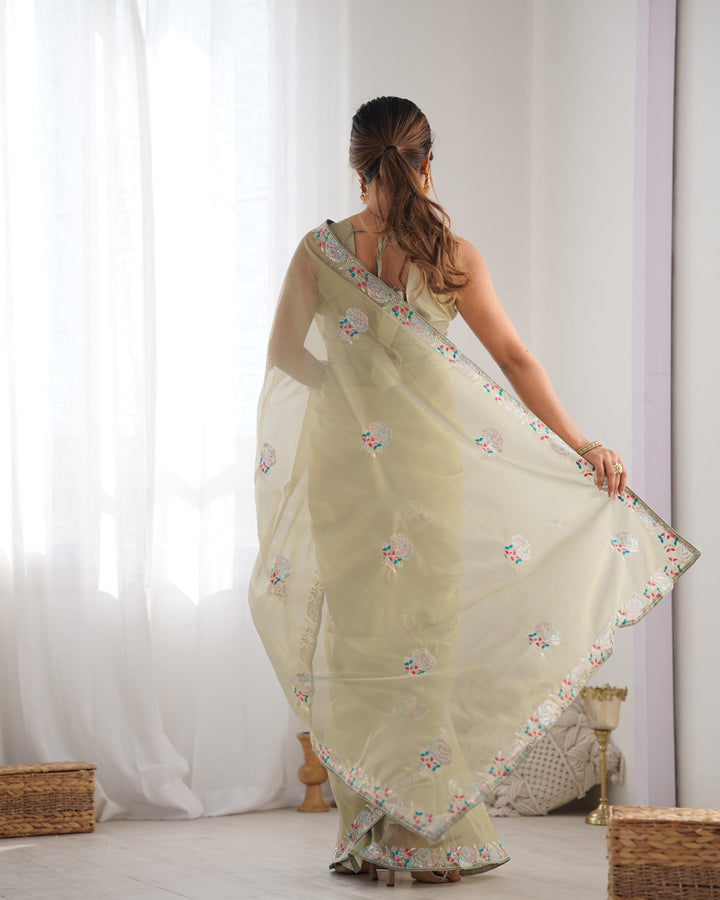 Designer Gold Twill Net Saree | Multi-Thread & Sequin Work Party Wear Look