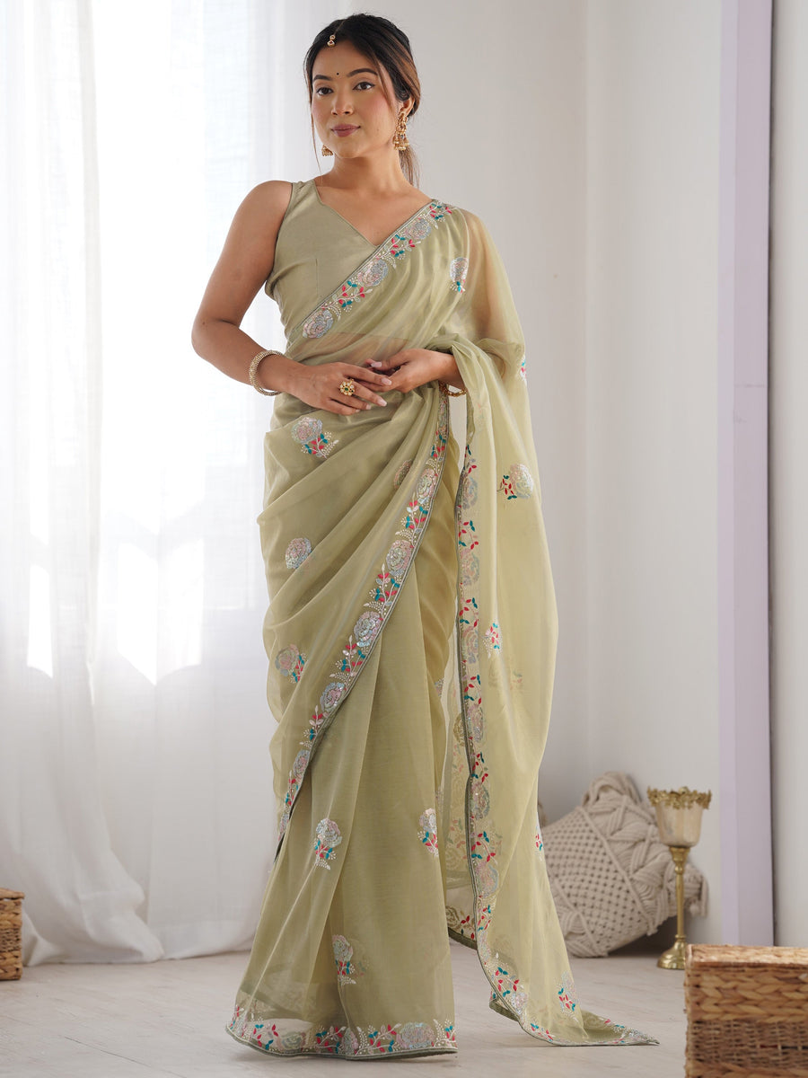Spectacular Pista Green Sequins Net Festival Wear Saree With Blouse