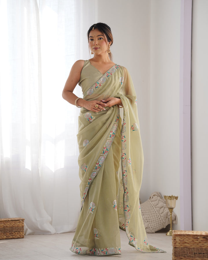 Designer Gold Twill Net Saree | Multi-Thread & Sequin Work Party Wear Look