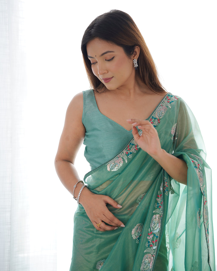 Designer Gold Twill Net Saree | Multi-Thread & Sequin Work Party Wear Look