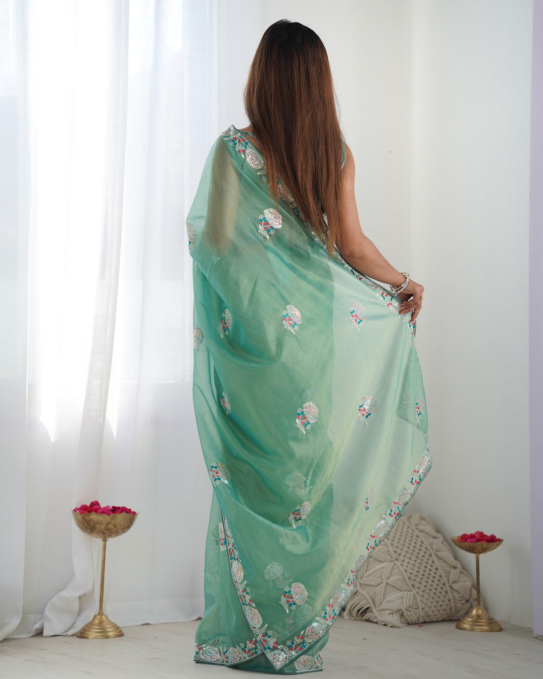 Designer Gold Twill Net Saree | Multi-Thread & Sequin Work Party Wear Look