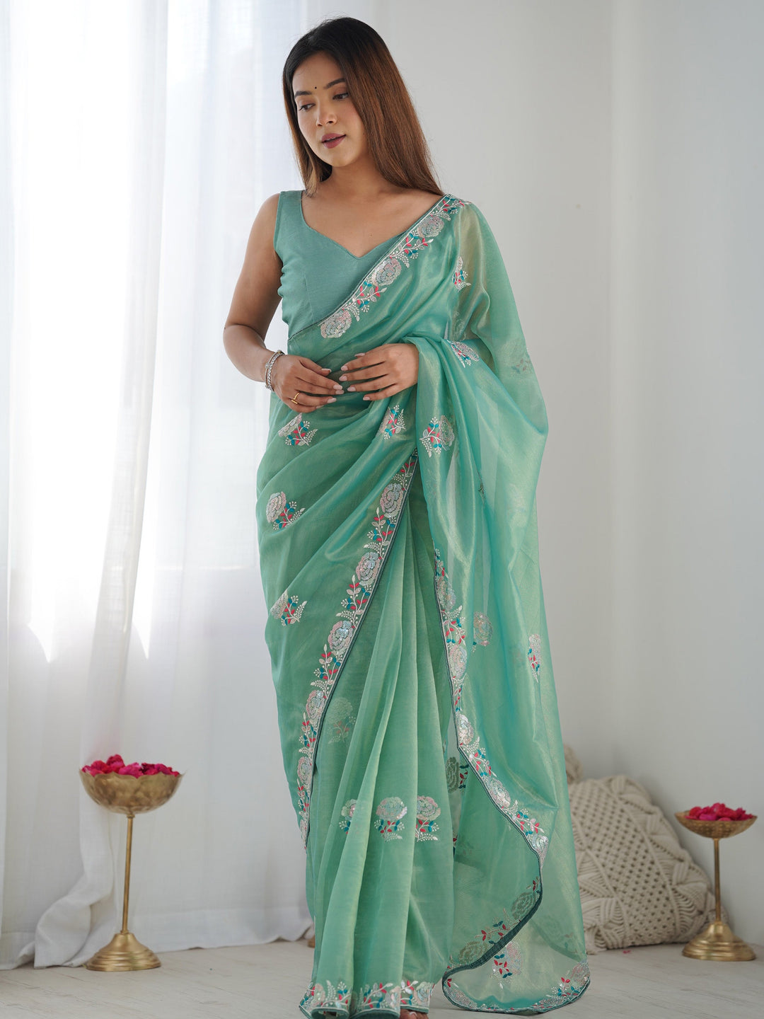 Astonishing Sea Green Sequins Net Party Wear Saree With Blouse