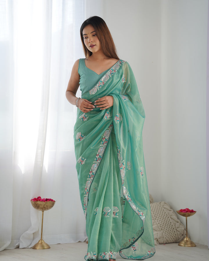 Designer Gold Twill Net Saree | Multi-Thread & Sequin Work Party Wear Look