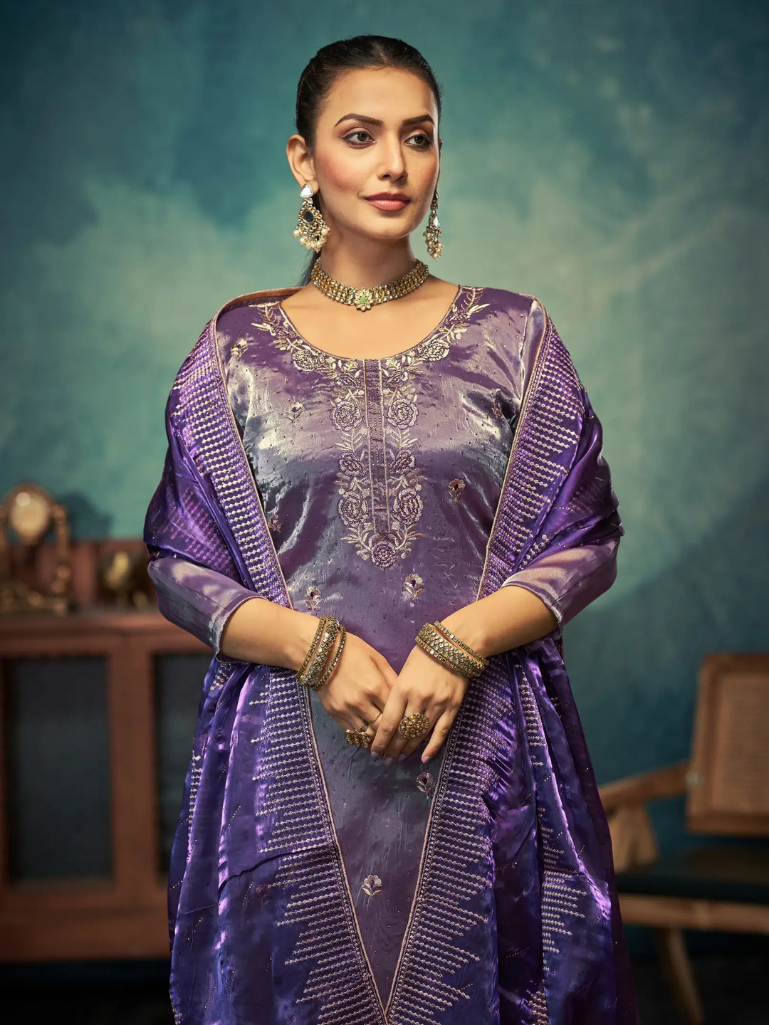 Elegant Dusty Purple Jimmy Choo Top Matched with Santoon Bottom | Finished with an Elegant Jimmy Choo dupatta