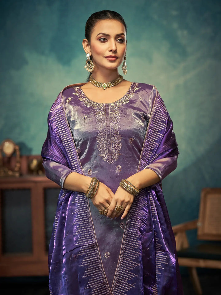 Elegant Dusty Purple Jimmy Choo Top Matched with Santoon Bottom | Finished with an Elegant Jimmy Choo dupatta