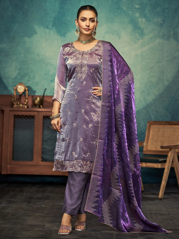 Elegant Dusty Purple Jimmy Choo Top Matched with Santoon Bottom | Finished with an Elegant Jimmy Choo dupatta