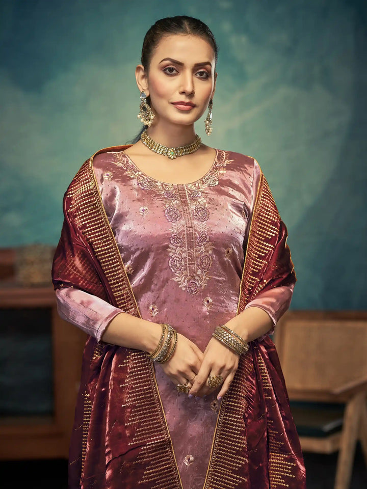 Elegant Dusty Purple Jimmy Choo Top Matched with Santoon Bottom | Finished with an Elegant Jimmy Choo dupatta