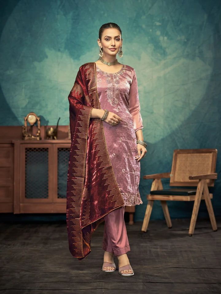 Elegant Dusty Purple Jimmy Choo Top Matched with Santoon Bottom | Finished with an Elegant Jimmy Choo dupatta