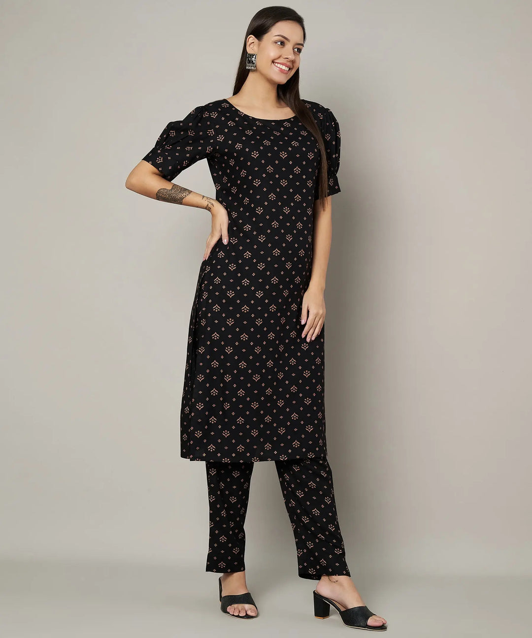 Elegant Black Kurti Set | Designer Printed Viscose Rayon Fabric