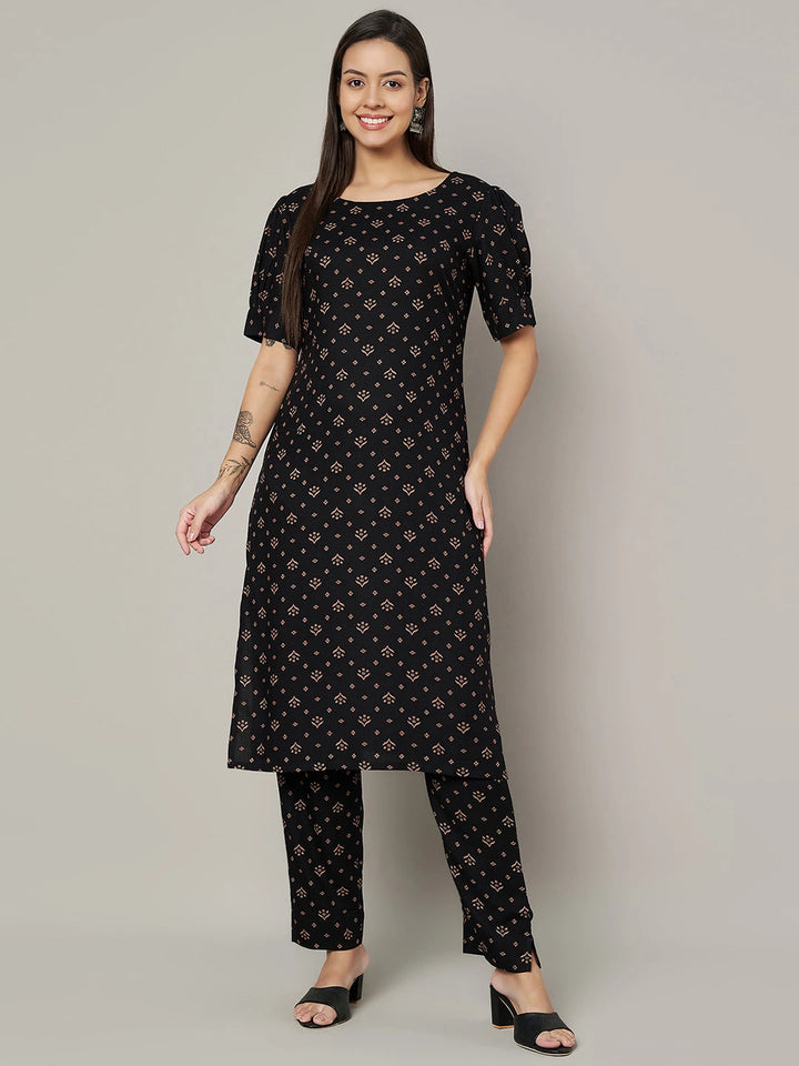Elegant Black Kurti Set | Designer Printed Viscose Rayon Fabric