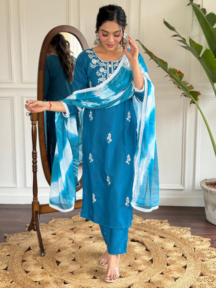 Charming Blue Thread Embroidered Rayon Pant Suit With Dupatta