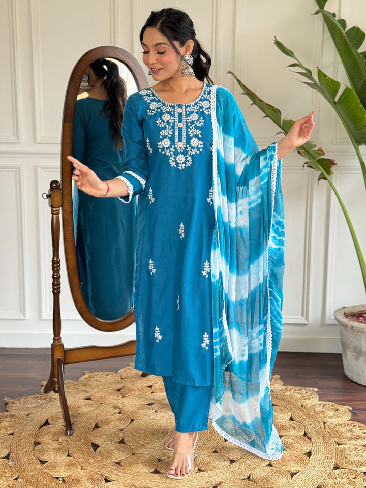 Charming Blue Thread Embroidered Rayon Pant Suit With Dupatta