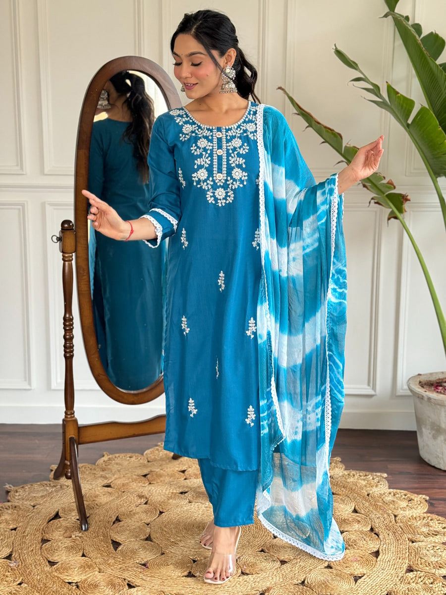 Charming Blue Thread Embroidered Rayon Pant Suit With Dupatta