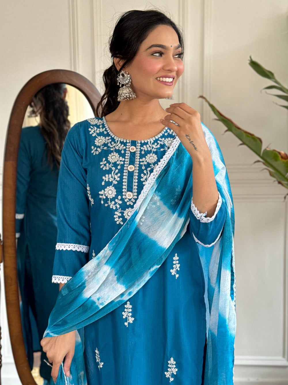 Charming Blue Thread Embroidered Rayon Pant Suit With Dupatta