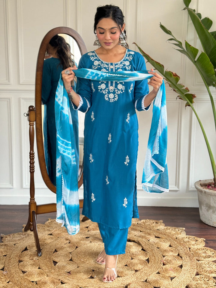 Charming Blue Thread Embroidered Rayon Pant Suit With Dupatta