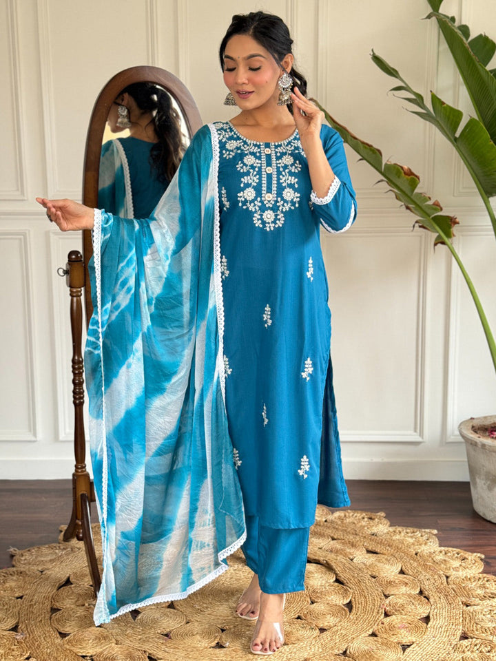 Charming Blue Thread Embroidered Rayon Pant Suit With Dupatta