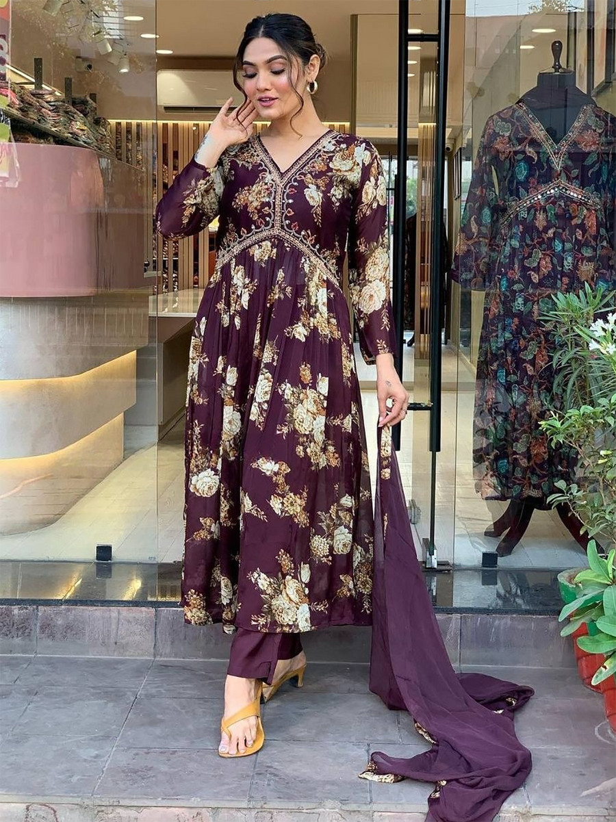 Magnetic Wine Floral Printed Georgette Event Wear Pant Suit